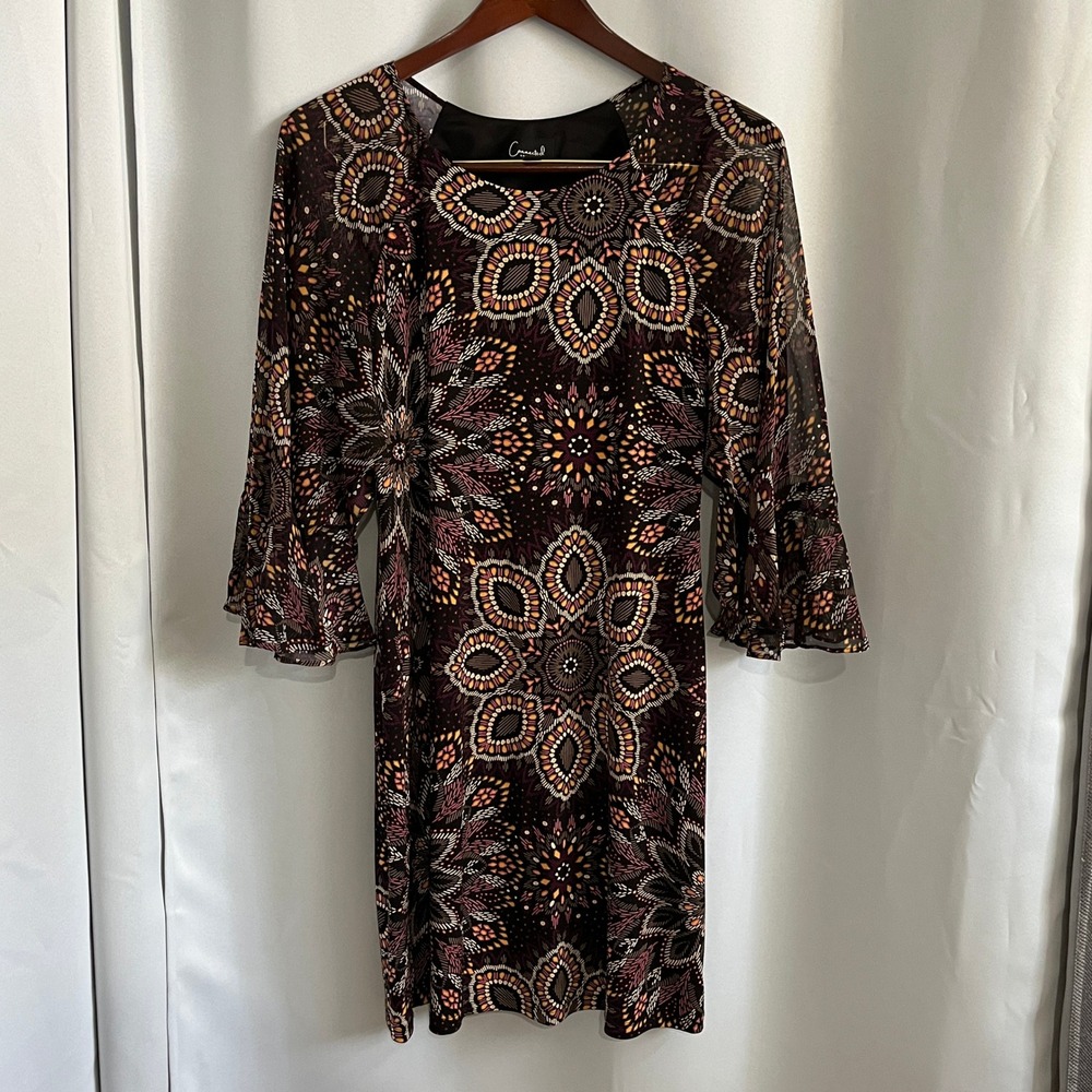 Connected Apparel Women 10 Black Plum Mandala Print Bell Sleeve Sheath Dress